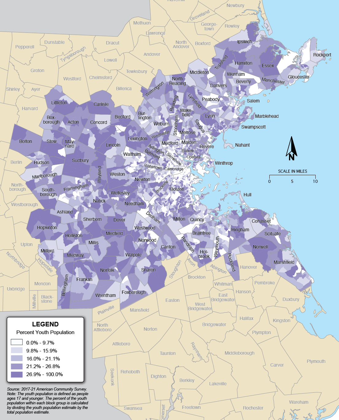 A map showing the percentage of the Youth Population in the Boston Region.